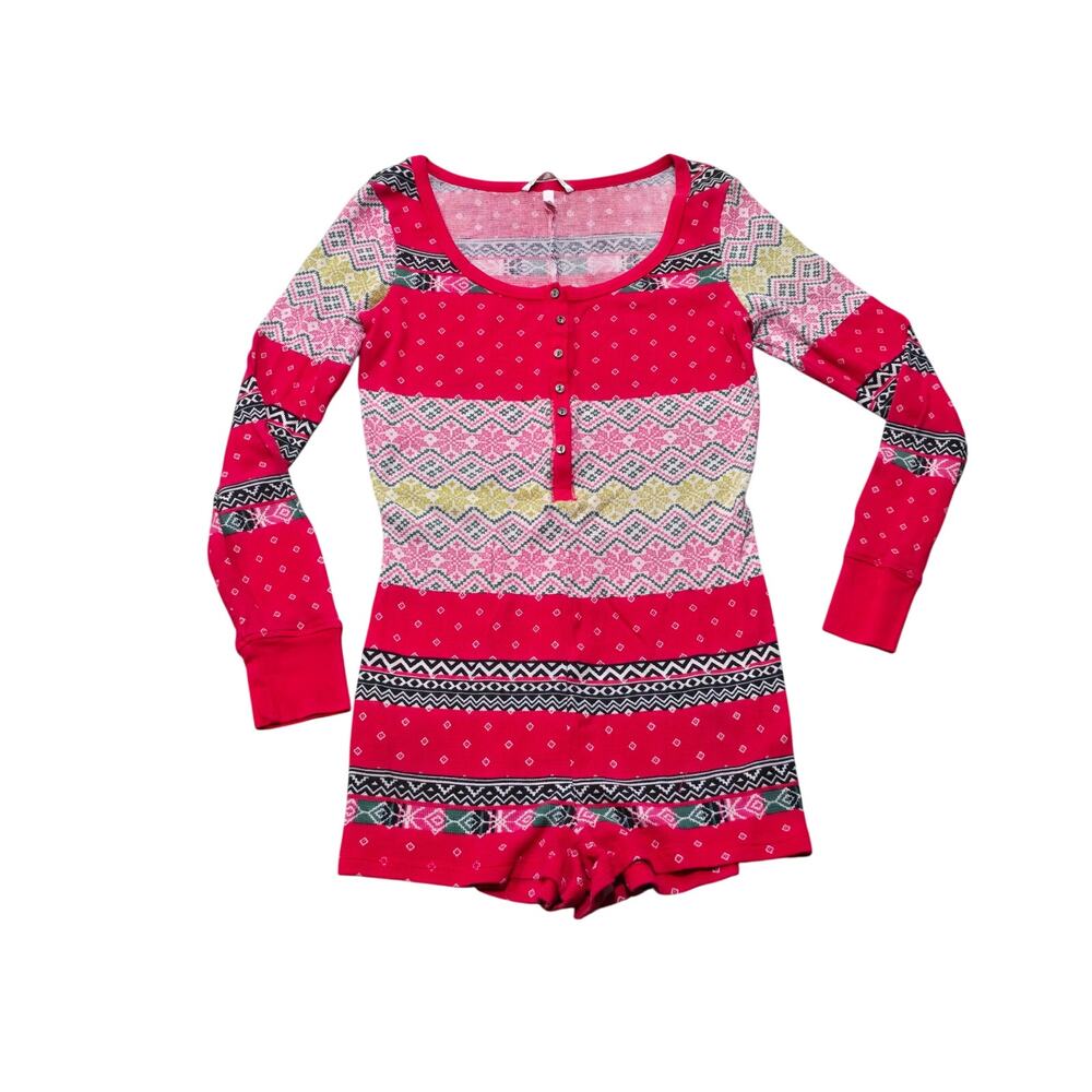Victoria's Secret Thermal Waffle Knit Fair Isle Romper One Piece Pajamas Henley